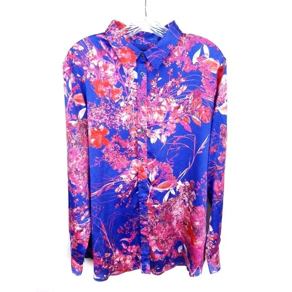 Banana Republic Women's Blue Pink Floral Print Collard Button Close Top Size XL - Picture 4 of 7